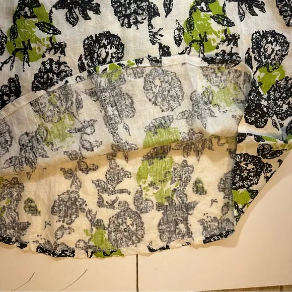 Snapdragon &amp; Twig 100% Linen Orbit Green Cream Black Floral Oversized Dress XS