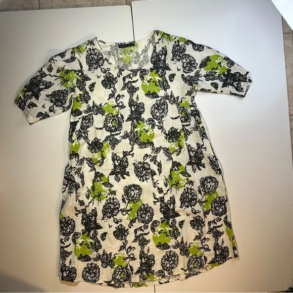 Snapdragon &amp; Twig 100% Linen Orbit Green Cream Black Floral Oversized Dress XS