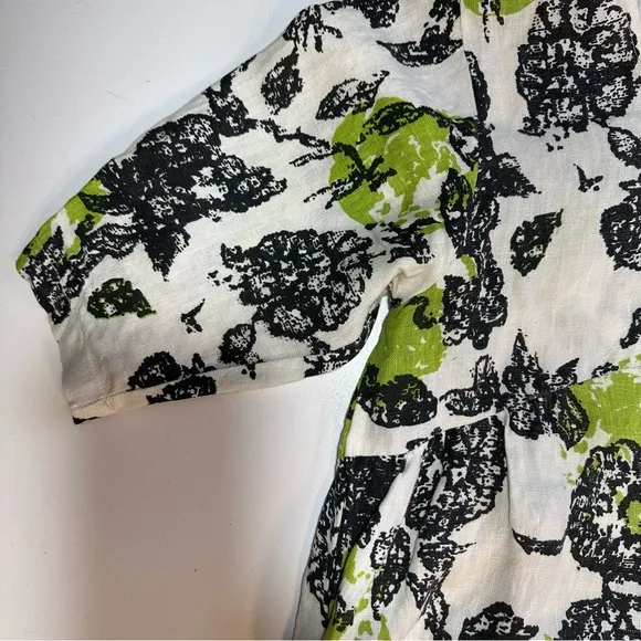 Snapdragon &amp; Twig 100% Linen Orbit Green Cream Black Floral Oversized Dress XS