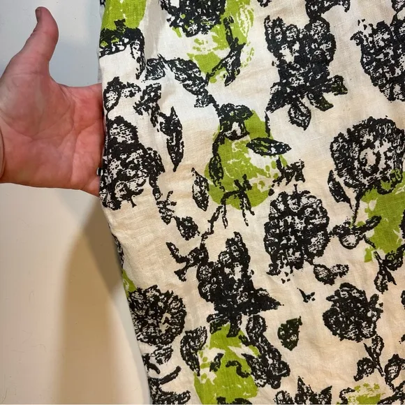 Snapdragon &amp; Twig 100% Linen Orbit Green Cream Black Floral Oversized Dress XS