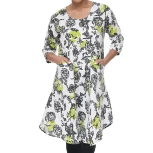 Snapdragon &amp; Twig 100% Linen Orbit Green Cream Black Floral Oversized Dress XS