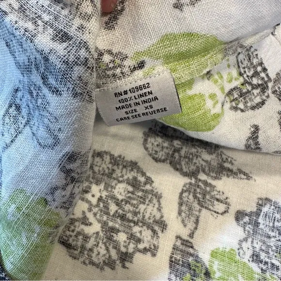 Snapdragon &amp; Twig 100% Linen Orbit Green Cream Black Floral Oversized Dress XS