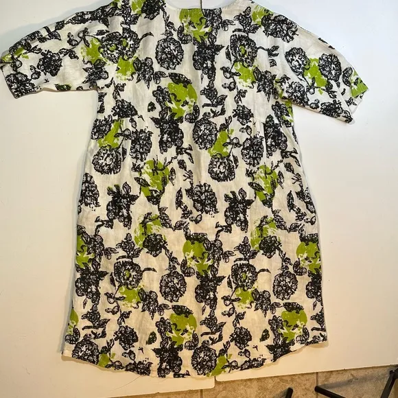 Snapdragon &amp; Twig 100% Linen Orbit Green Cream Black Floral Oversized Dress XS