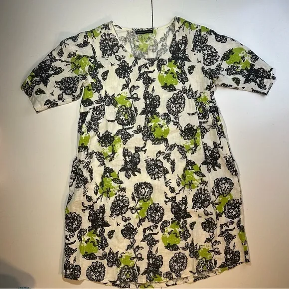 Snapdragon &amp; Twig 100% Linen Orbit Green Cream Black Floral Oversized Dress XS