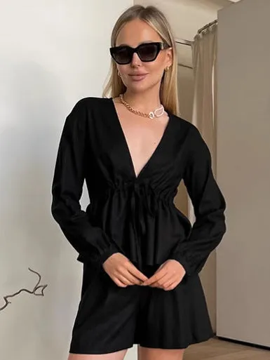 Sophisticated Black V-Neck Linen Two-Piece Set with Drawstring Waist