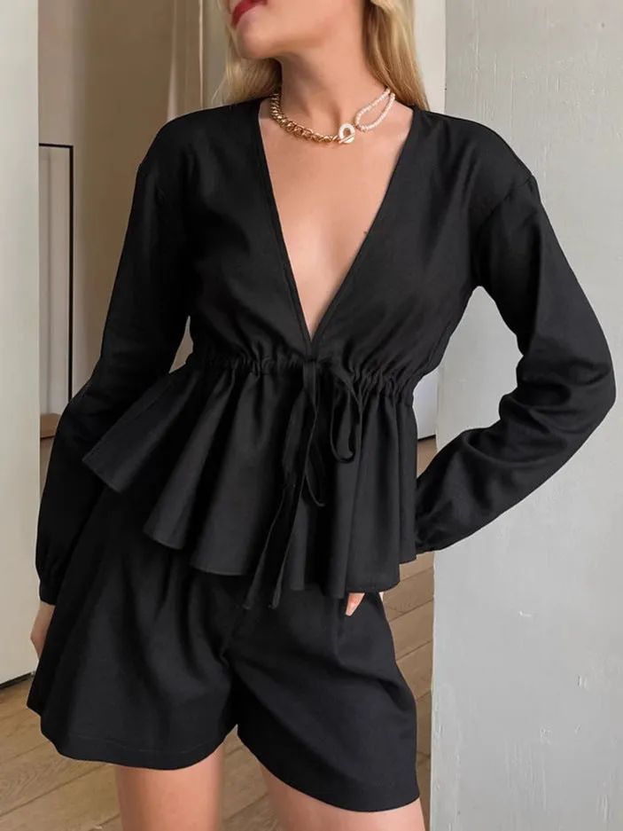 Sophisticated Black V-Neck Linen Two-Piece Set with Drawstring Waist