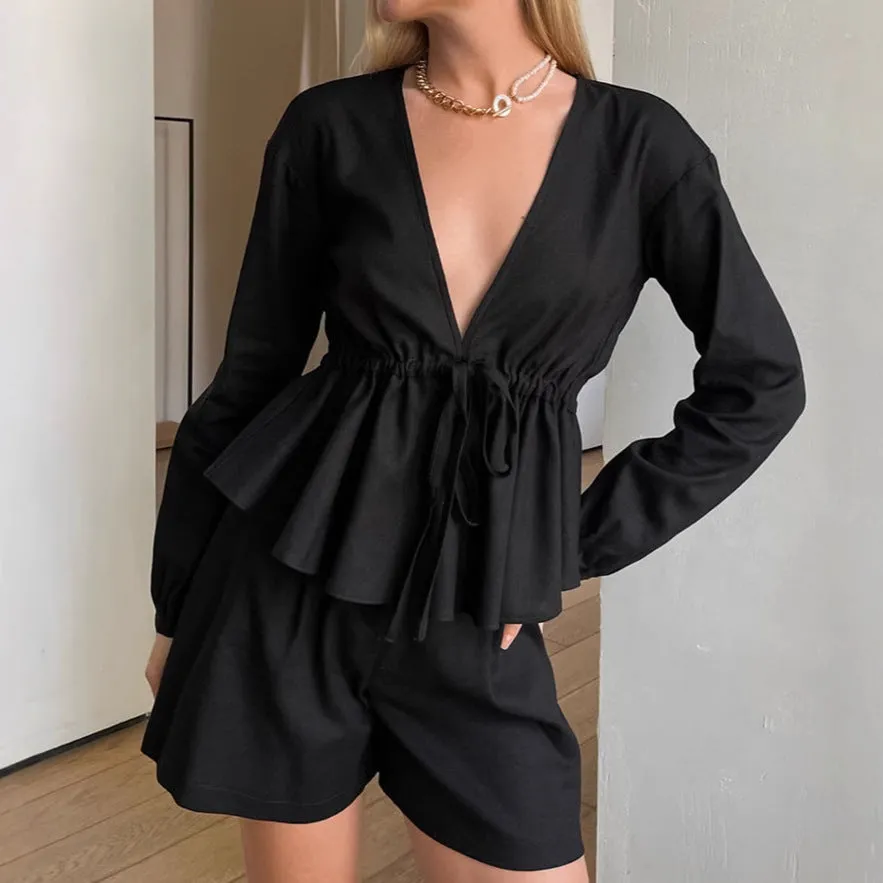 Sophisticated Black V-Neck Linen Two-Piece Set with Drawstring Waist
