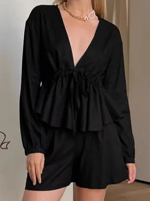 Sophisticated Black V-Neck Linen Two-Piece Set with Drawstring Waist