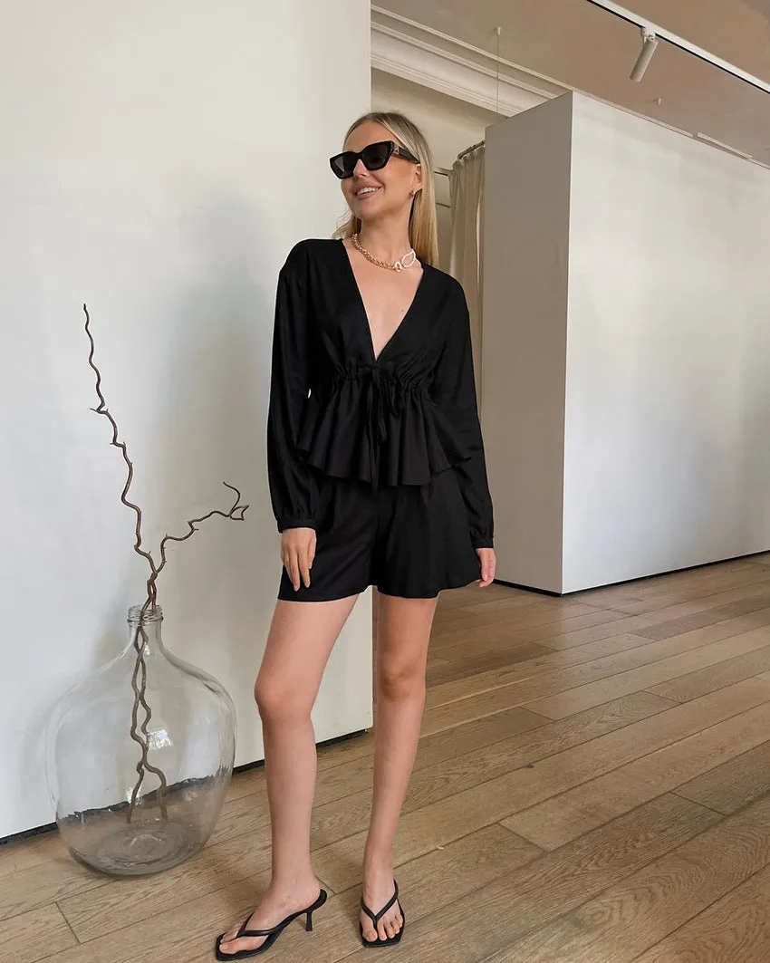 Sophisticated Black V-Neck Linen Two-Piece Set with Drawstring Waist
