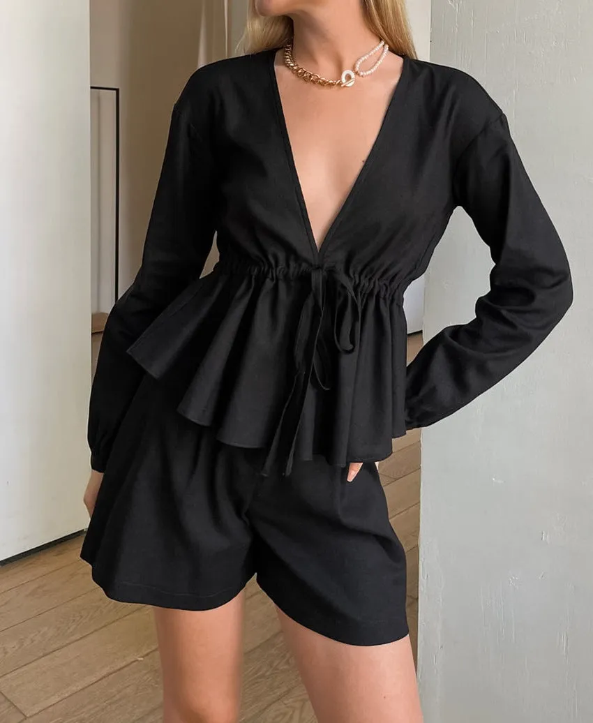 Sophisticated Black V-Neck Linen Two-Piece Set with Drawstring Waist