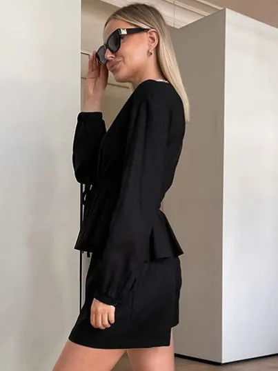 Sophisticated Black V-Neck Linen Two-Piece Set with Drawstring Waist