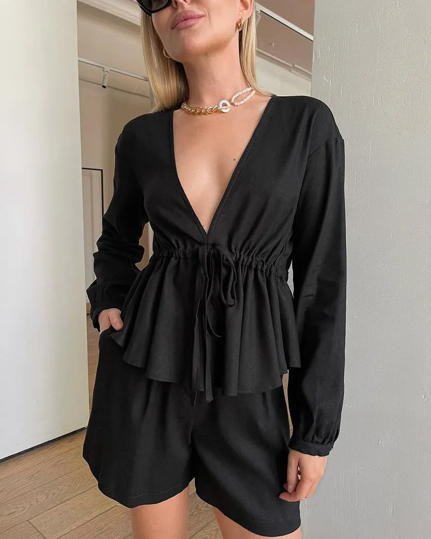 Sophisticated Black V-Neck Linen Two-Piece Set with Drawstring Waist