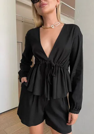 Sophisticated Black V-Neck Linen Two-Piece Set with Drawstring Waist