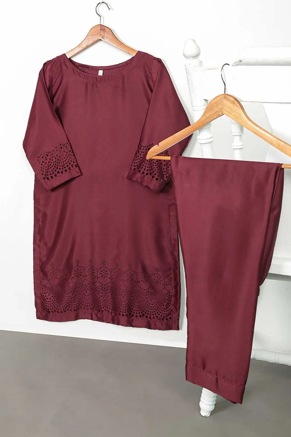 STP-096A-Maroon - 2Pc Silk Laser Cutwork With Silk Trouser