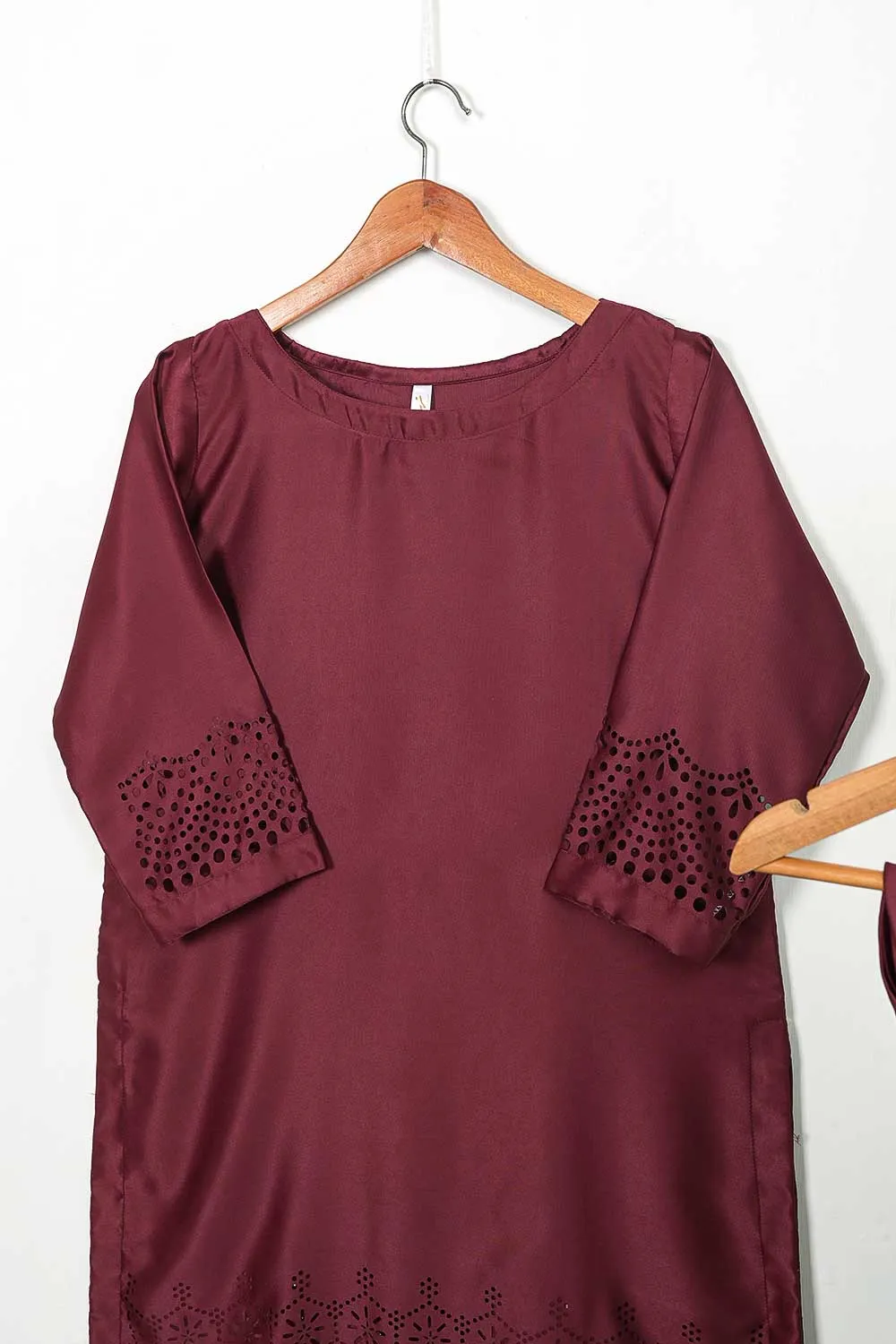 STP-096A-Maroon - 2Pc Silk Laser Cutwork With Silk Trouser