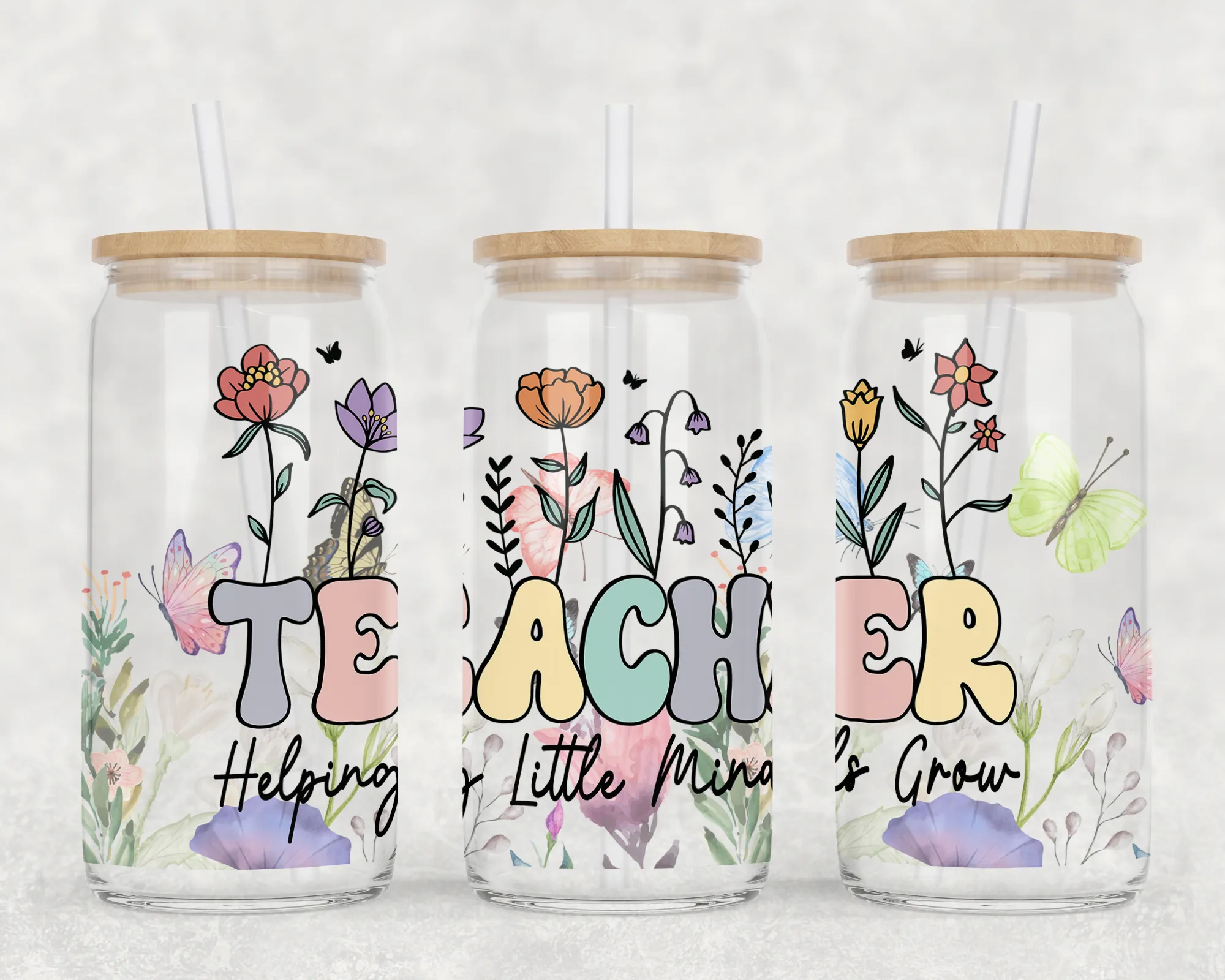 Teacher Wildflower Can Glass With Lid   Straw