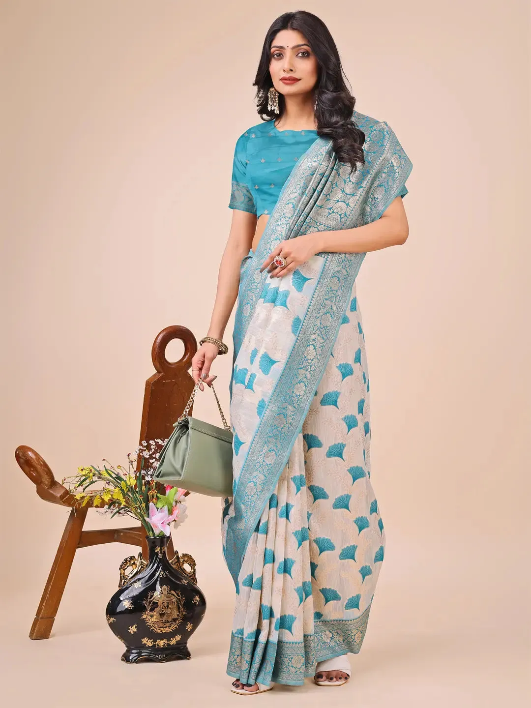 Teal Blue Linen Cotton Saree