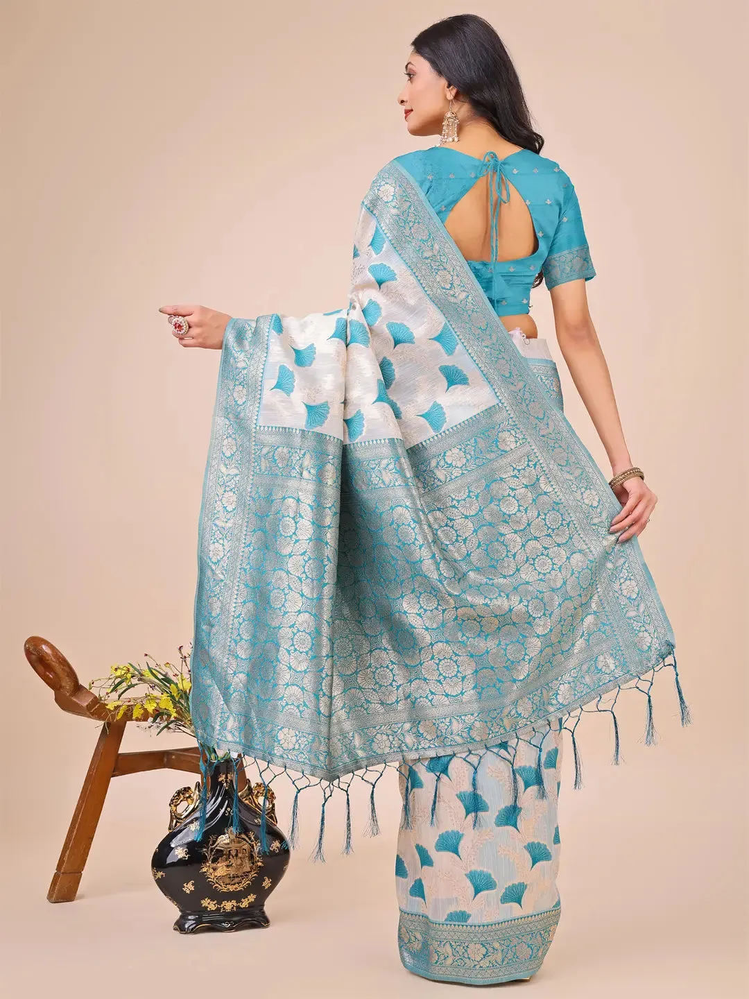 Teal Blue Linen Cotton Saree