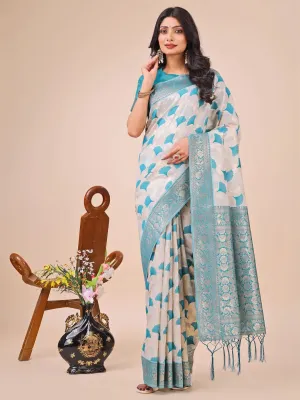 Teal Blue Linen Cotton Saree