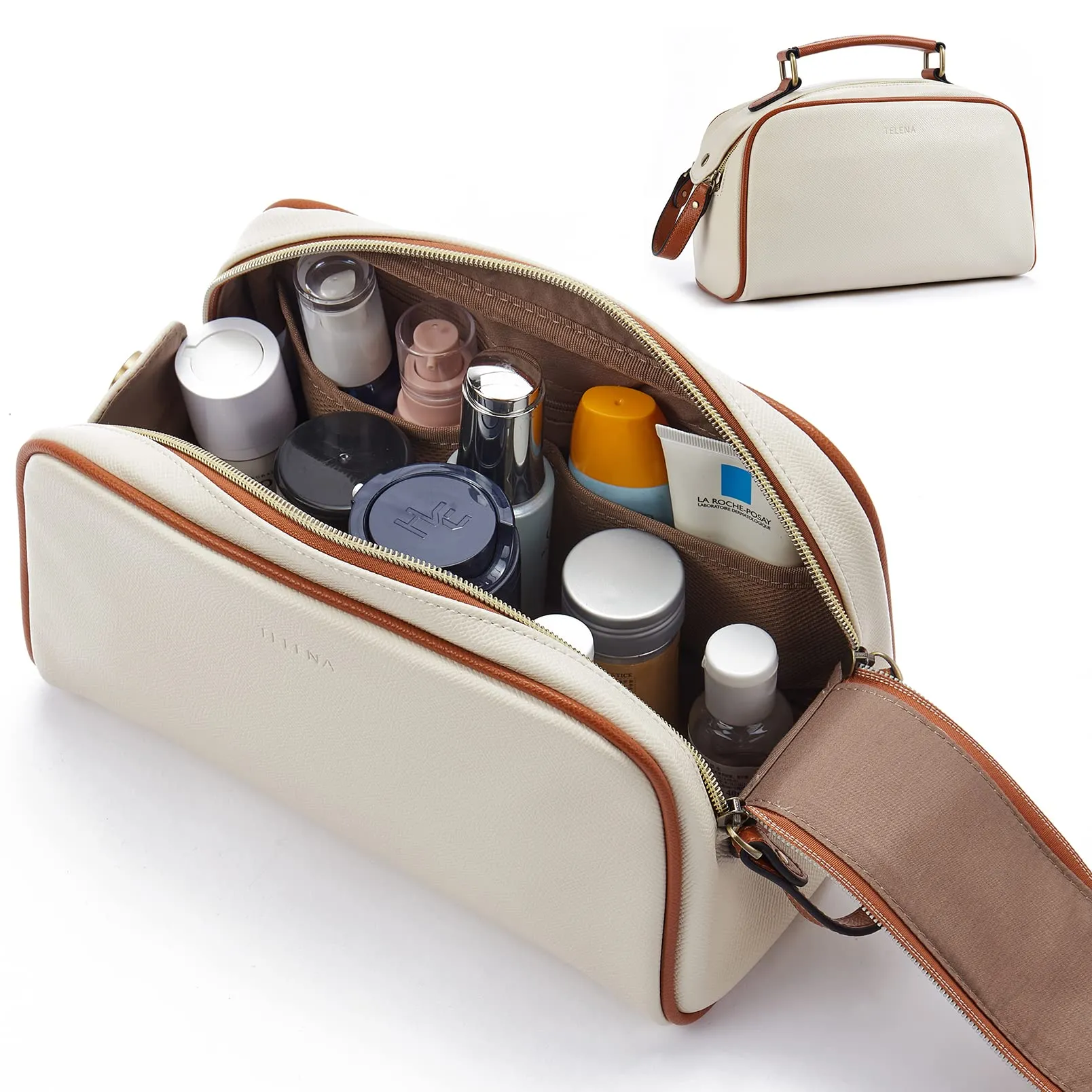 Telena Travel Toiletry Bag Makeup Cosmetic Bags for Women Waterproof PU Leather Toiletry Organizer Portable Large Capacity Beige with Brown