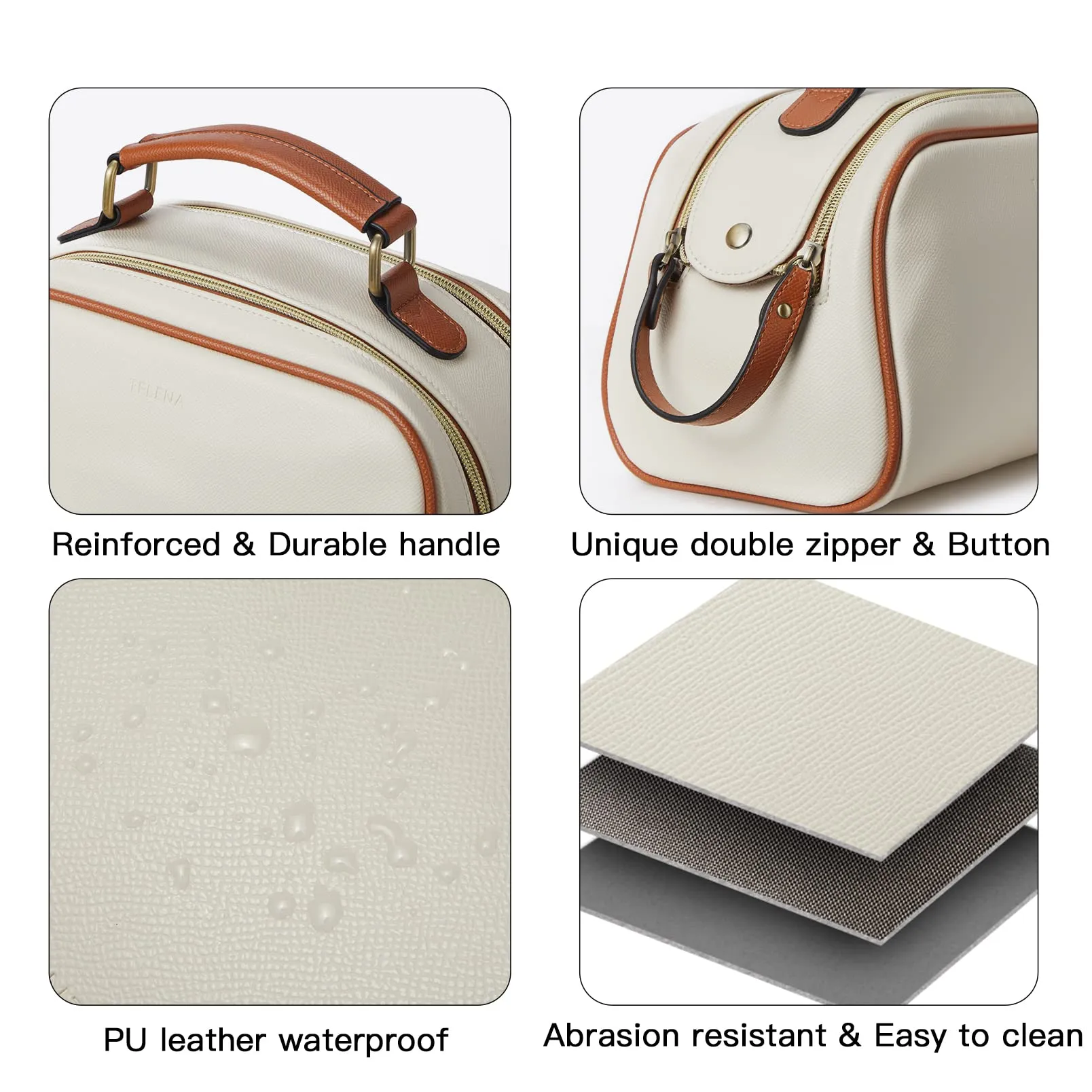 Telena Travel Toiletry Bag Makeup Cosmetic Bags for Women Waterproof PU Leather Toiletry Organizer Portable Large Capacity Beige with Brown