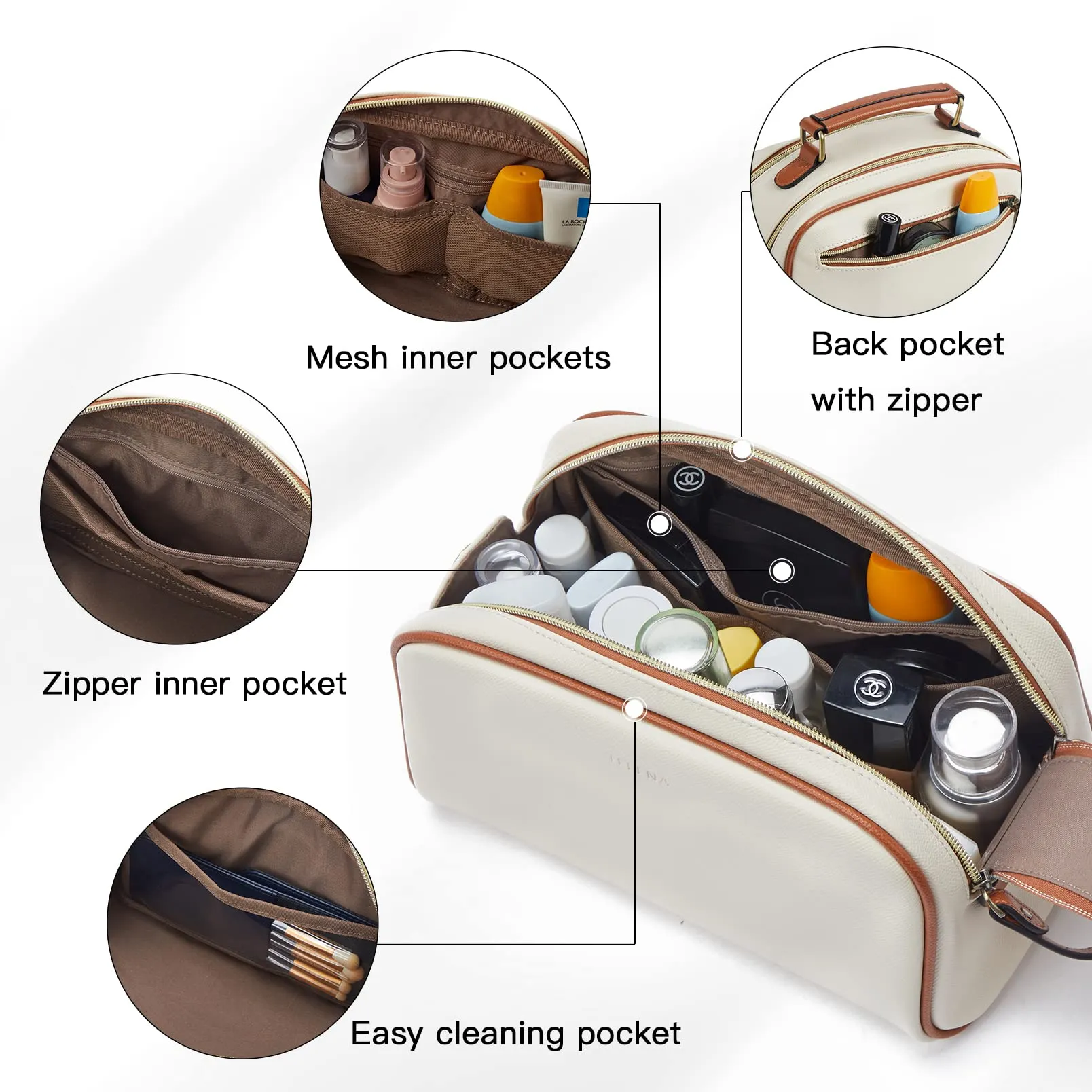 Telena Travel Toiletry Bag Makeup Cosmetic Bags for Women Waterproof PU Leather Toiletry Organizer Portable Large Capacity Beige with Brown