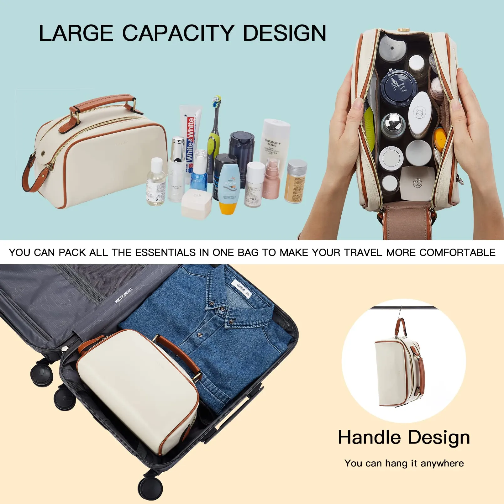 Telena Travel Toiletry Bag Makeup Cosmetic Bags for Women Waterproof PU Leather Toiletry Organizer Portable Large Capacity Beige with Brown