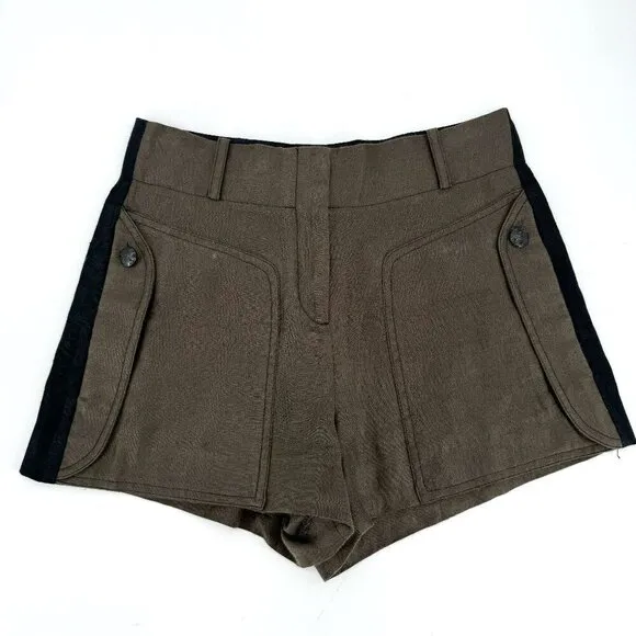 The Kooples Brown Green Tuxedo Stripe Linen Sailor High Rise Crepe 2 Shorts