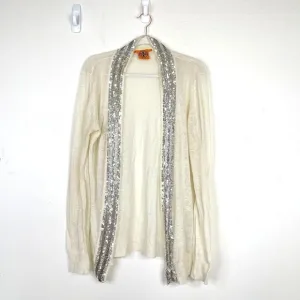 Tory Burch Womens Size L Open Front Long Cardigan Linen Cotton Sequin Thin Knit