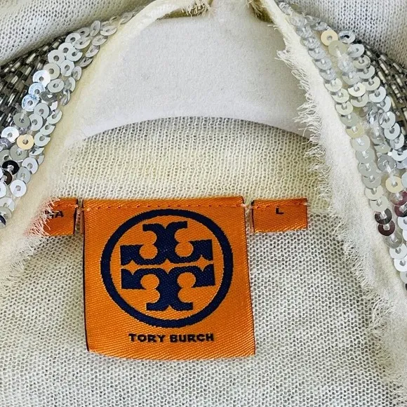 Tory Burch Womens Size L Open Front Long Cardigan Linen Cotton Sequin Thin Knit