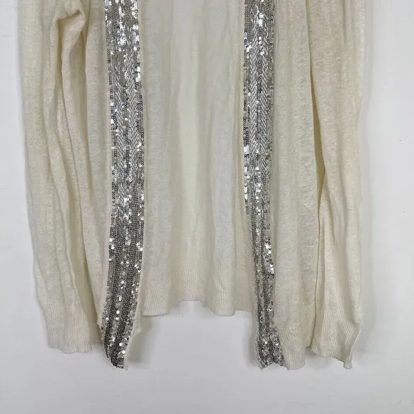 Tory Burch Womens Size L Open Front Long Cardigan Linen Cotton Sequin Thin Knit