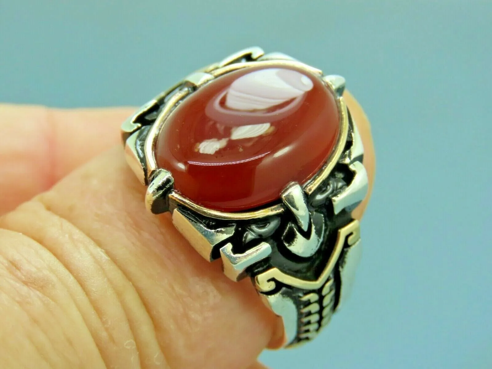 Turkish Handmade Jewelry 925 Sterling Silver Agate Stone Mens Rings