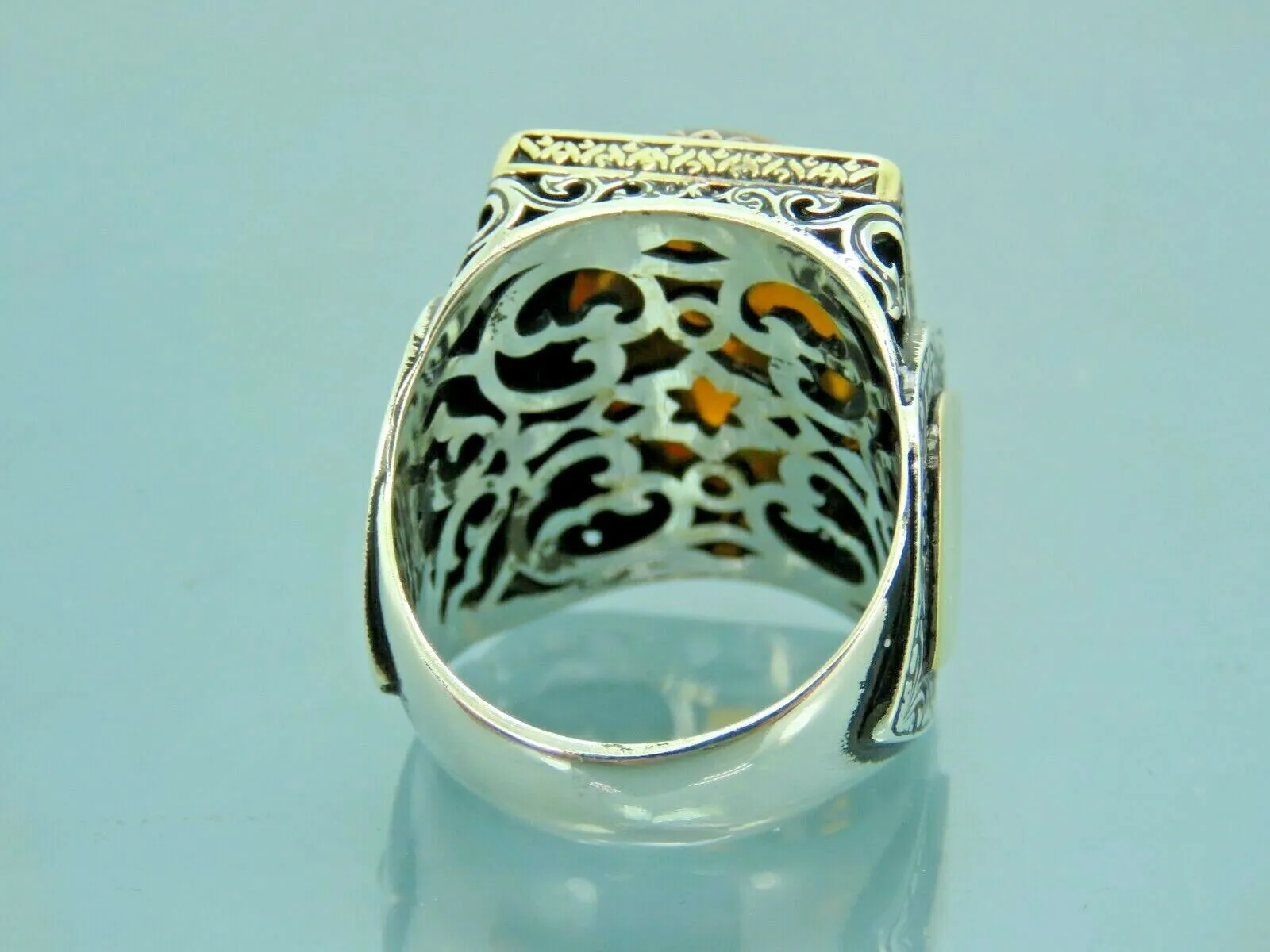 Turkish Handmade Jewelry 925 Sterling Silver Amber Stone Engraved Mens Rings
