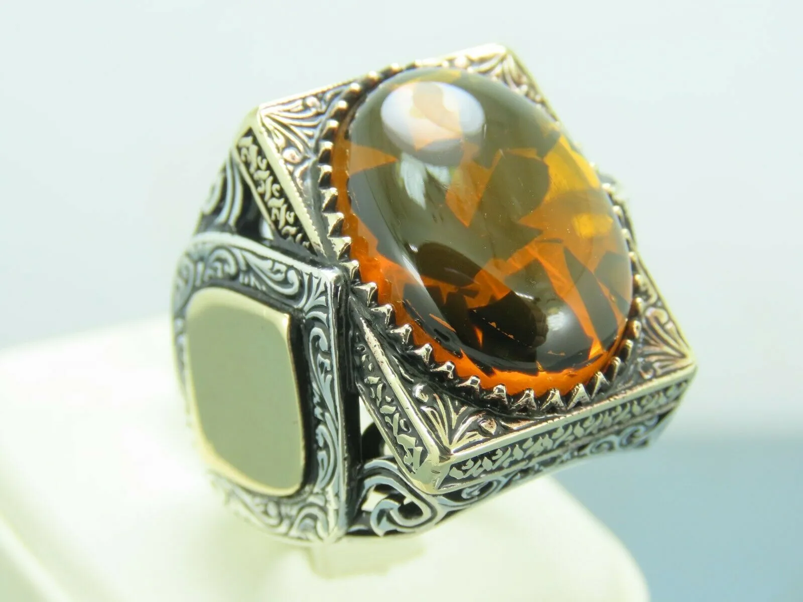 Turkish Handmade Jewelry 925 Sterling Silver Amber Stone Engraved Mens Rings