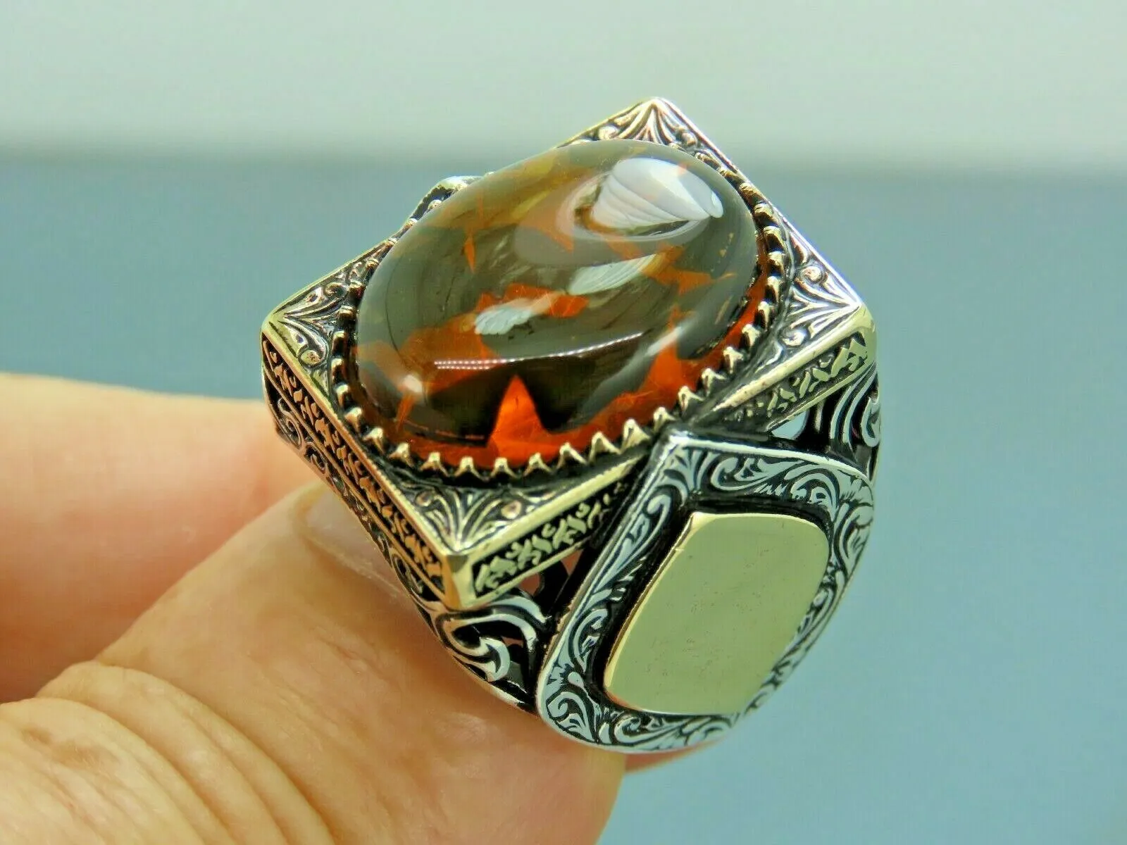 Turkish Handmade Jewelry 925 Sterling Silver Amber Stone Engraved Mens Rings