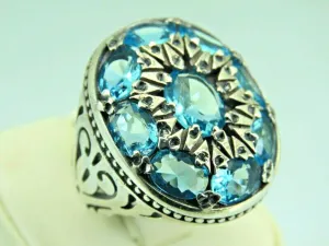 Turkish Handmade Jewelry 925 Sterling Silver Aquamarine Stone Engraved Mens Rings