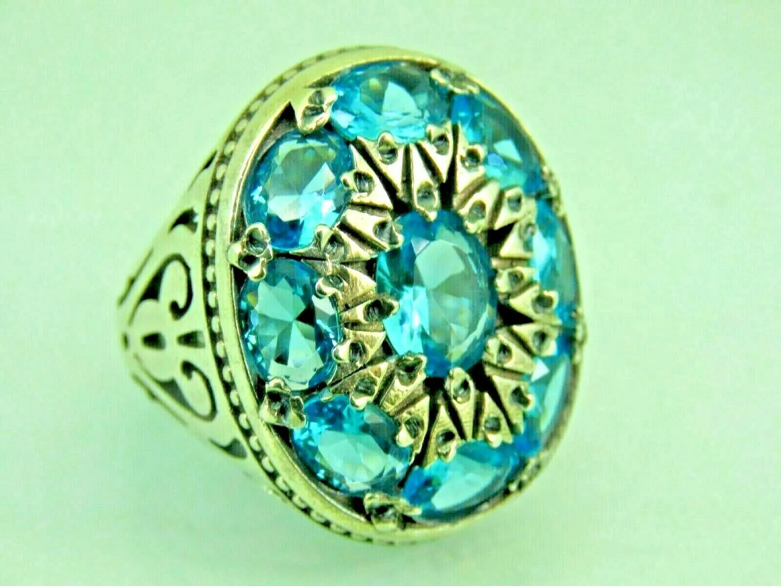 Turkish Handmade Jewelry 925 Sterling Silver Aquamarine Stone Engraved Mens Rings
