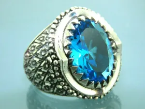Turkish Handmade Jewelry 925 Sterling Silver Aquamarine Stone Mens Rings
