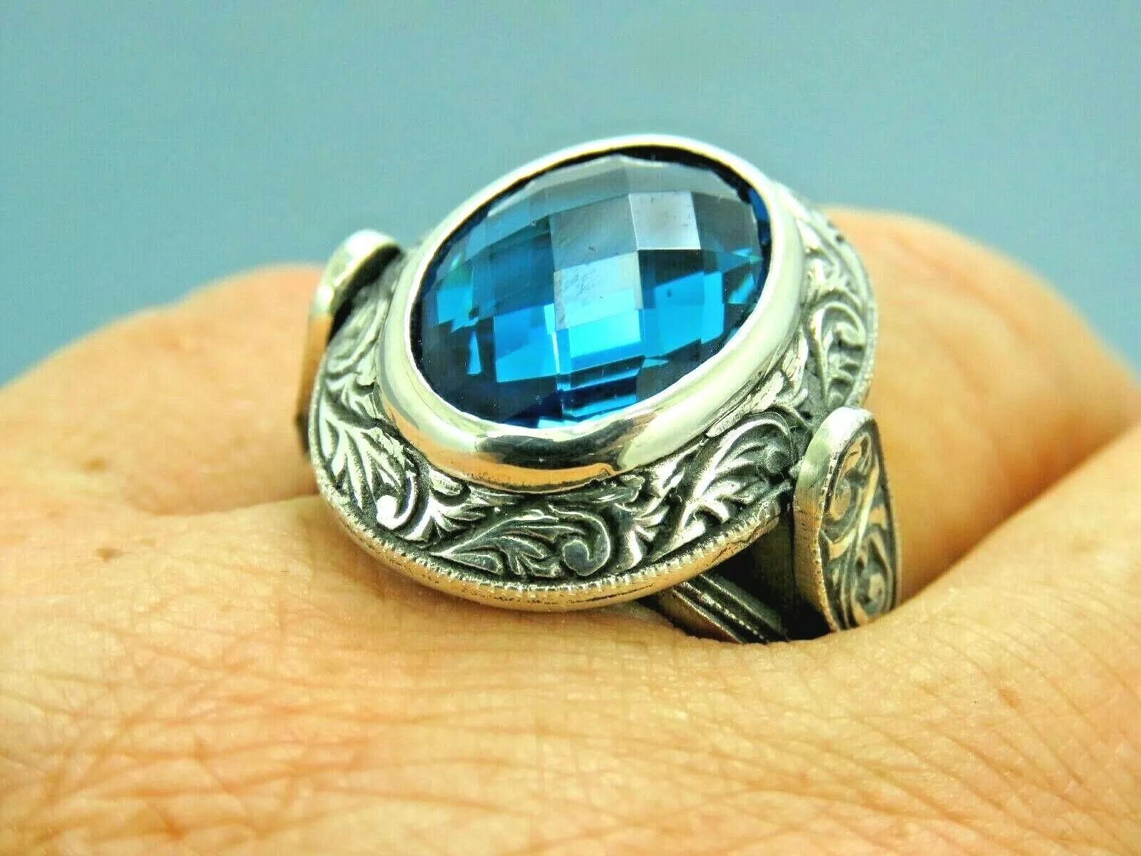 Turkish Handmade Jewelry 925 Sterling Silver Aquamarine Stone Mens Rings