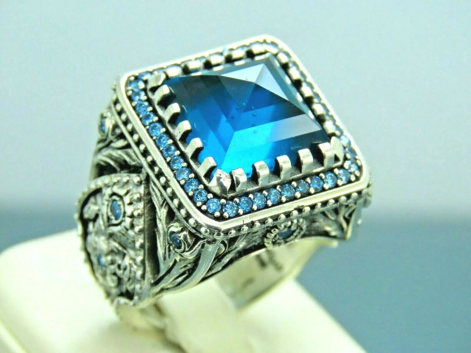 Turkish Handmade Jewelry 925 Sterling Silver Aquamarine Stone Mens Rings