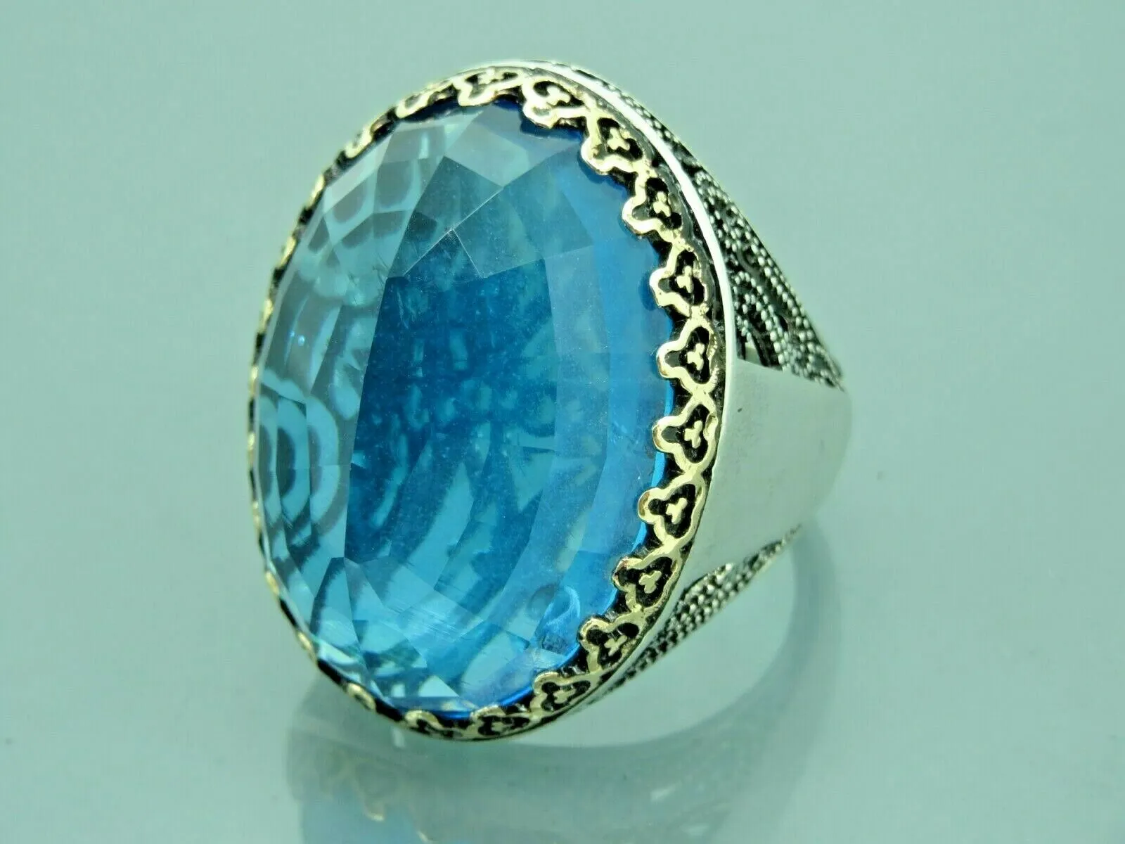 Turkish Handmade Jewelry 925 Sterling Silver Aquamarine Stone Mens Rings