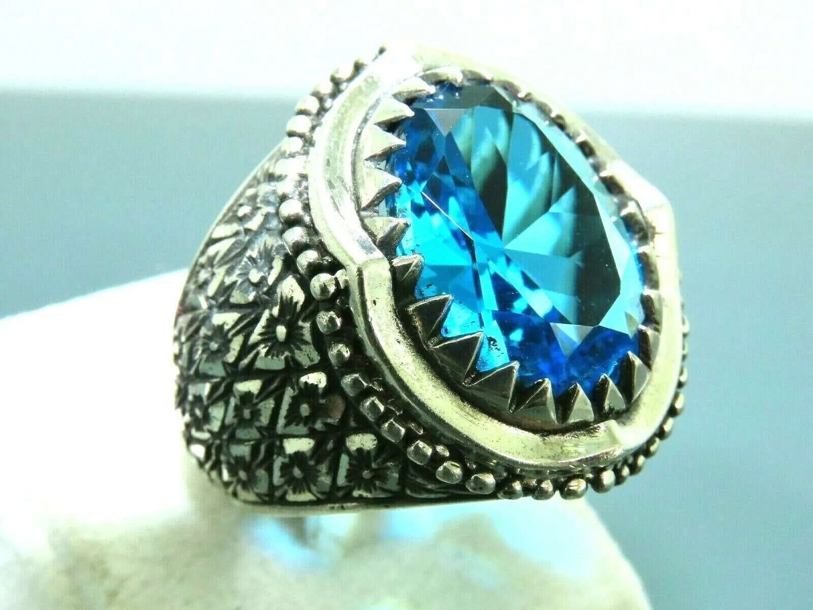 Turkish Handmade Jewelry 925 Sterling Silver Aquamarine Stone Mens Rings