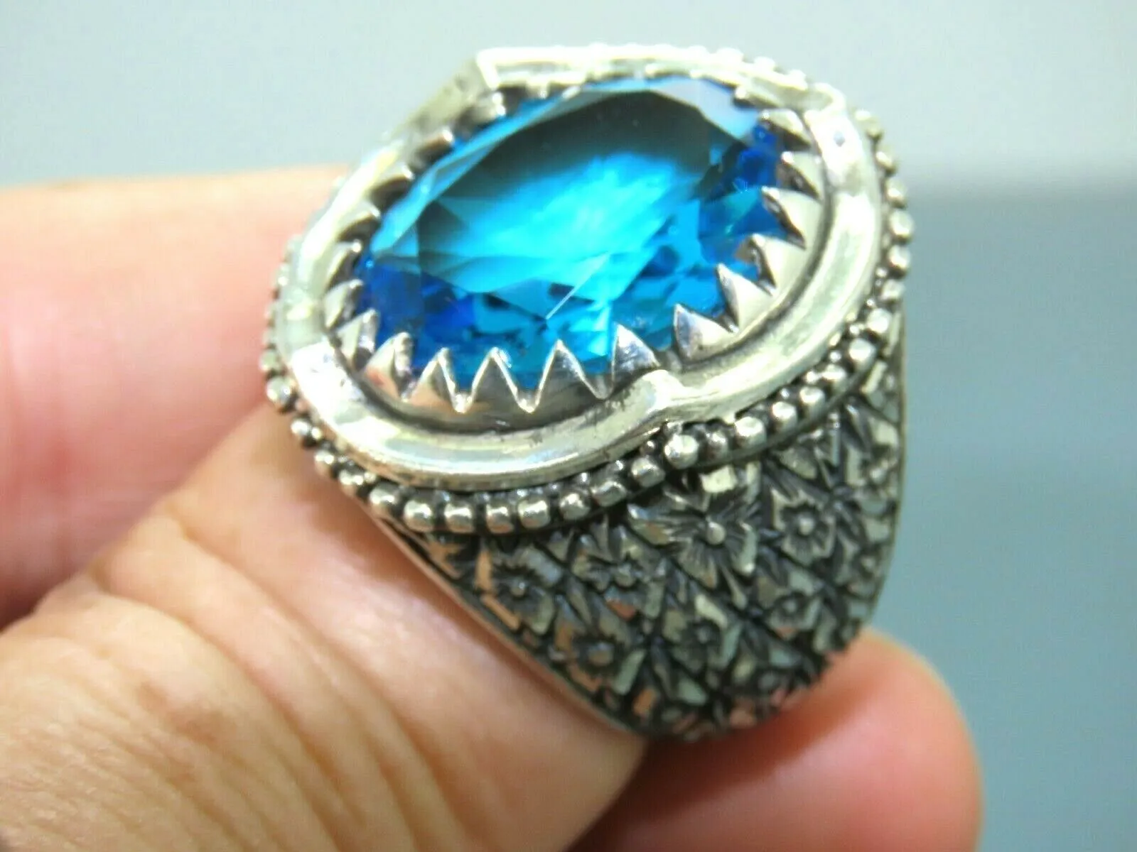Turkish Handmade Jewelry 925 Sterling Silver Aquamarine Stone Mens Rings