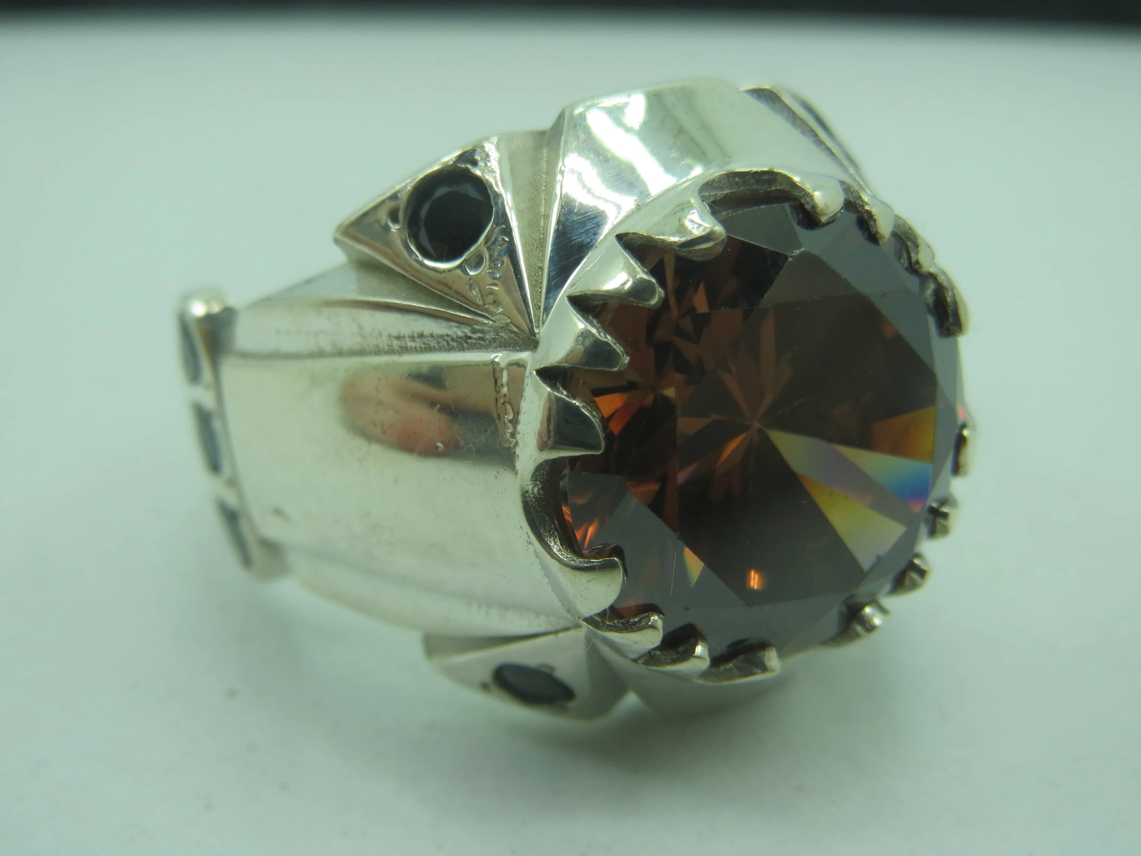 Turkish Handmade Jewelry 925 Sterling Silver Brown Zircon Stone Mens Rings