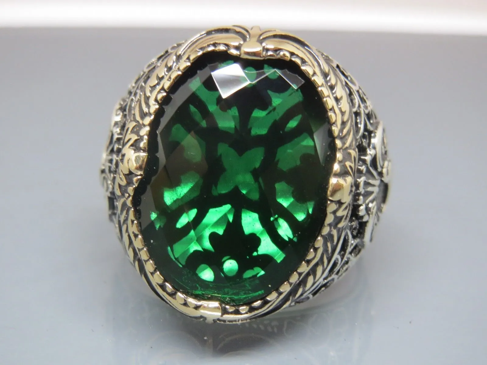 Turkish Handmade Jewelry 925 Sterling Silver Emerald Stone Mens Rings