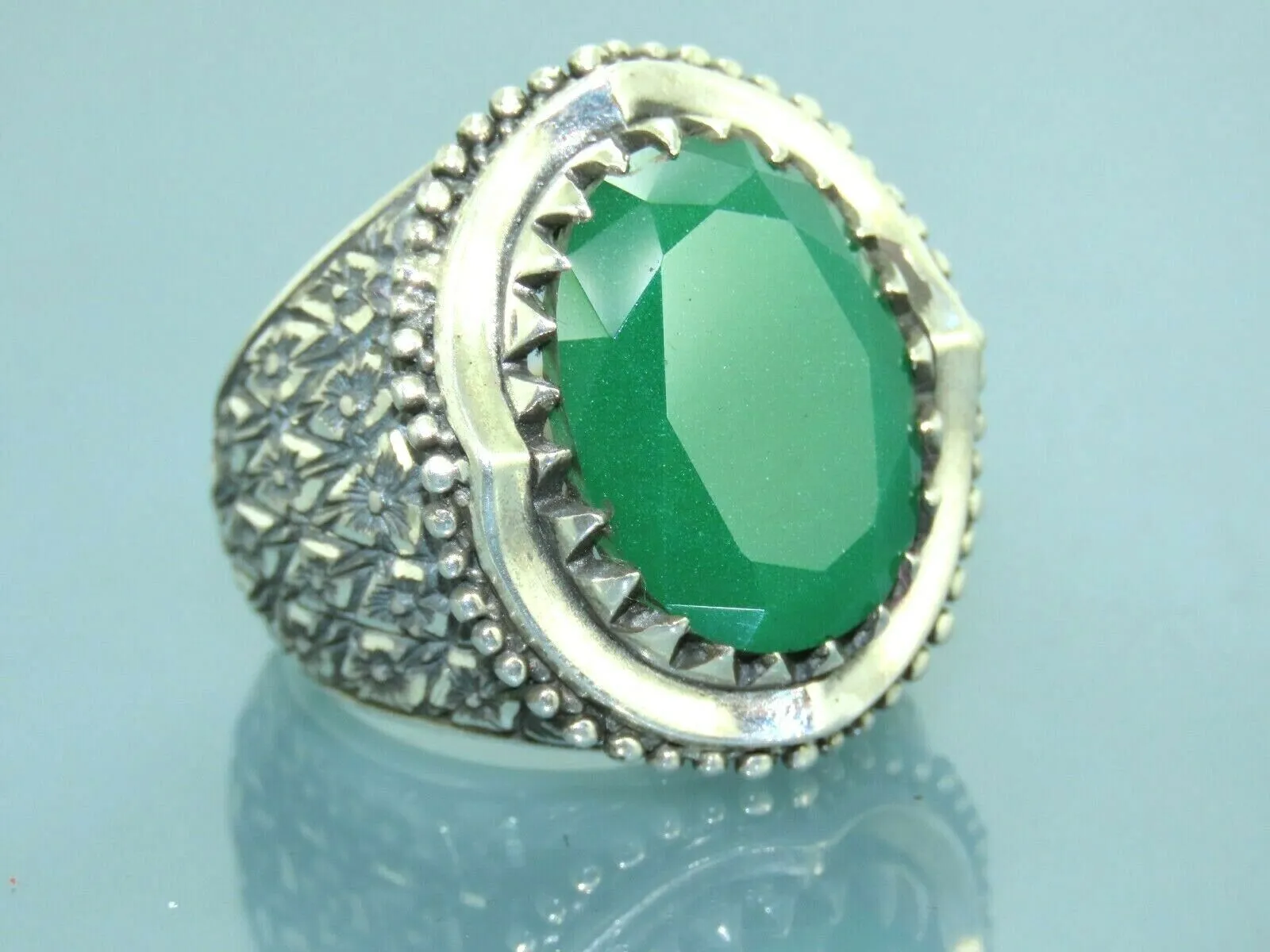 Turkish Handmade Jewelry 925 Sterling Silver Emerald Stone Mens Rings