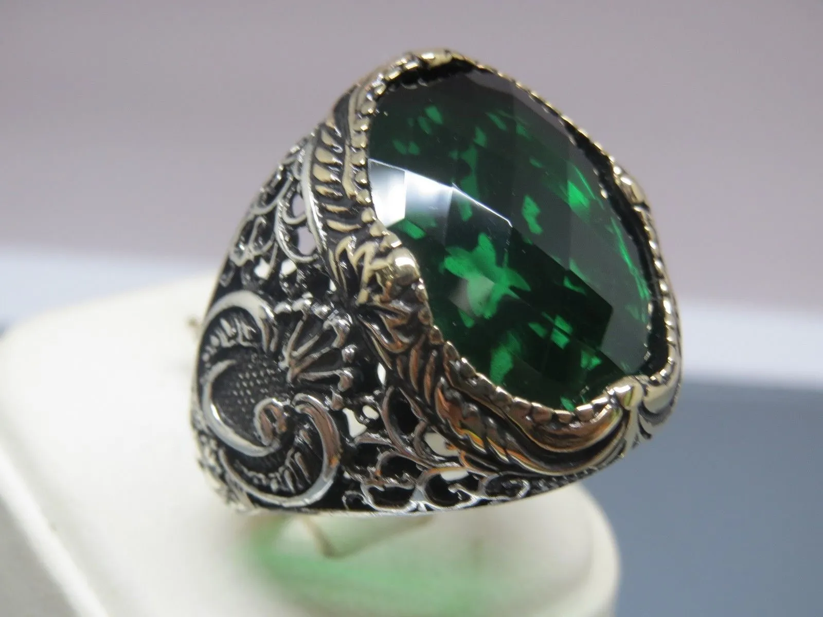 Turkish Handmade Jewelry 925 Sterling Silver Emerald Stone Mens Rings