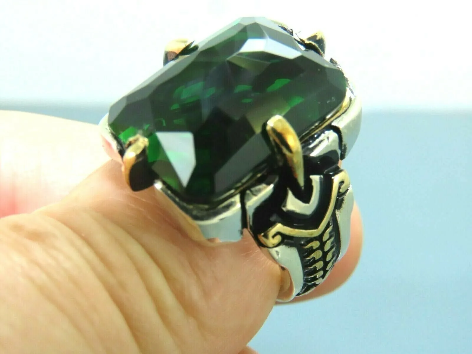 Turkish Handmade Jewelry 925 Sterling Silver Emerald Stone Mens Rings