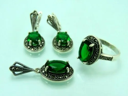 Turkish Handmade Jewelry 925 Sterling Silver Emerald Stone Women's Pendant & Earring Jewelry Set