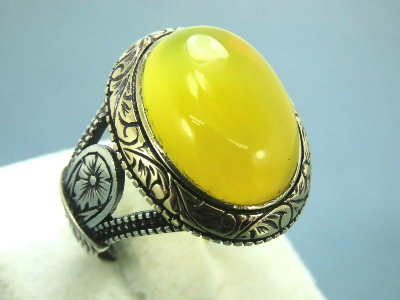 Turkish Handmade Jewelry 925 Sterling Silver Engraved Agate Stone Mens Rings